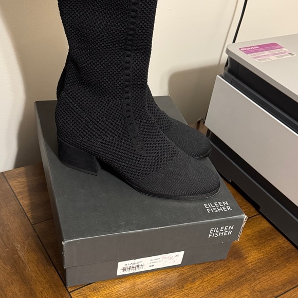 Eileen Fisher Textured Black Stretch Heeled Boots - Picture 2 of 5